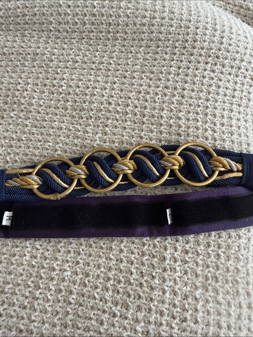 Navy and Gold Braided Belt med to large Velcro adjustable